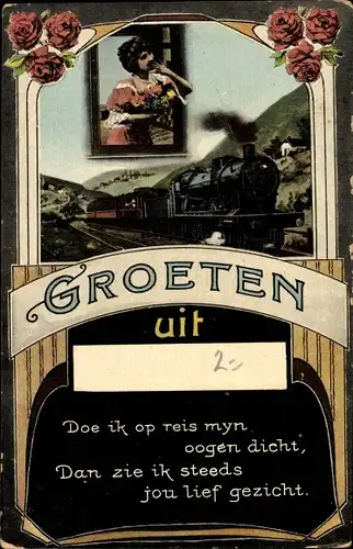 Gedicht Passepartout Ak Grüße aus, Dampflok, Frau am Fenster