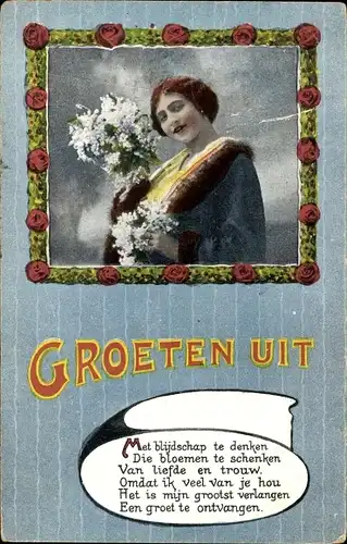 Gedicht Passepartout Ak Grüße aus, Frau mit Blumen