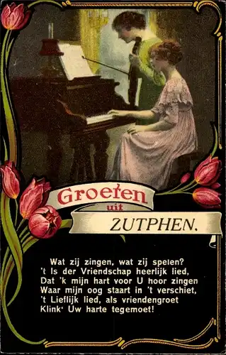 Gedicht Passepartout Ak Zutphen Gelderland Niederlande, Grüße aus, Musizierende Frauen