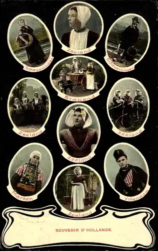 Ak Souvenir d'Hollande, Trachten, Scheveningen, Zeeland, Volendam, Marken