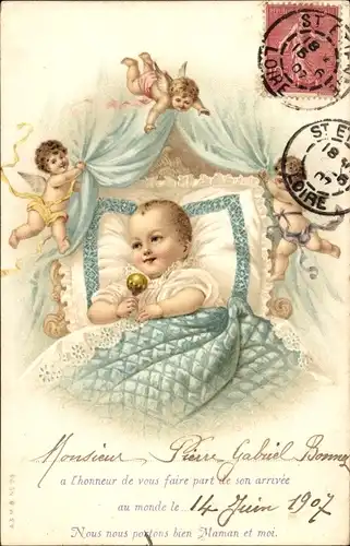 Litho Geburtsanzeige, Baby, Engel