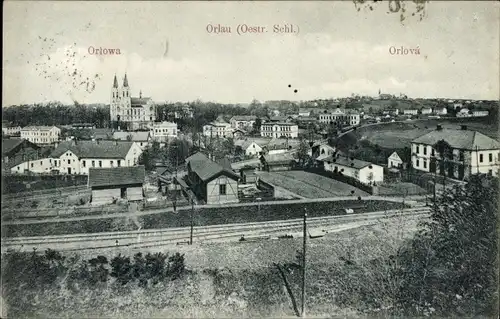 Ak Orlau Orlová Mährisch Schlesien, Gesamtansicht, Kirche, Bahnstrecke