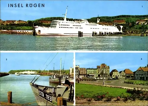 Ak Fährschiff Skane, Schwedenfähre im Hafen von Sassnitz, Karl Marx Platz Bergen auf Rügen