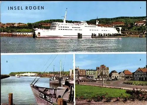 Ak Fährschiff Skane, Schwedenfähre im Hafen von Sassnitz, Karl Marx Platz Bergen auf Rügen