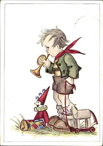Künstler Ak Junge mit Trompete, Spielzeuge, Pferd, Hampelmann