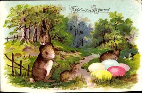 Ak Glückwunsch Ostern, Osterhasen, Ostereier, Bäume