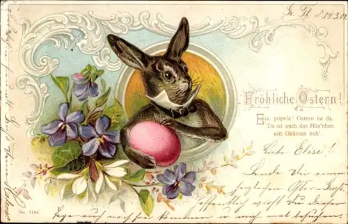 Präge Litho Glückwunsch Ostern, Osterhase, Osterei, Veilchen, Blumen