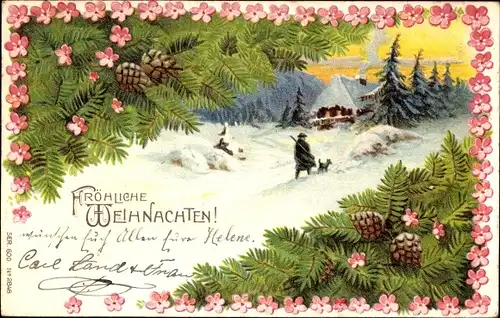 Präge Litho Glückwunsch Weihnachten, Jäger, Tannenzweige, Tannenzapfen