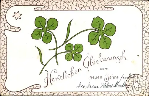 Jugendstil Ak Glückwunsch Neujahr, Kleeblätter, Sterne