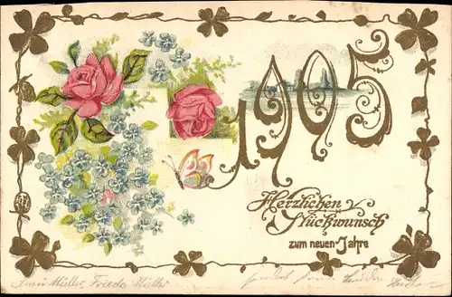 Präge Litho Glückwunsch Neujahr 1905, Blumen, Glücksklee, Schmetterling
