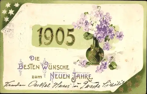 Präge Litho Glückwunsch Neujahr, Jahreszahl 1905, Blumenvase
