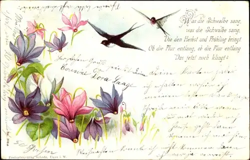 Litho Schwalben im Flug, Blumen, Was die Schwalbe sang...