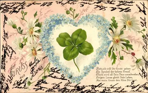 Litho Glücksklee, Vergissmeinnicht, Margeriten, Herz, Kitsch