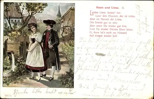 Künstler Litho Liebespaar in Tracht, Hans und Liese, Liebe Liese, komm' her...