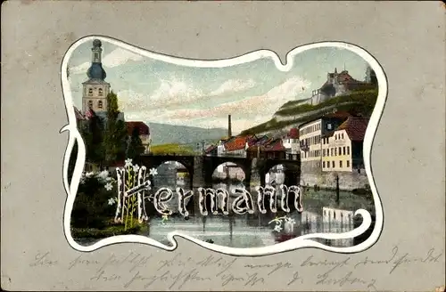 Passepartout Buchstaben Ak Vorname Hermann, Brücke, Kirche, Fluss