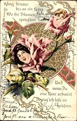 Litho Frauen als Rosen, Kling hinaus bis an ein Haus...