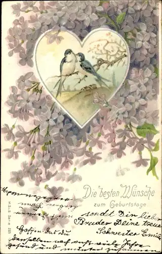 Präge Litho Glückwunsch Geburtstag, Schwalben, Blumen