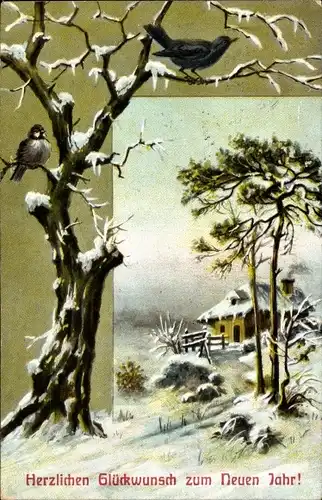 Ak Glückwunsch Neujahr, Vögel am Baum, Winter, Wohnhaus