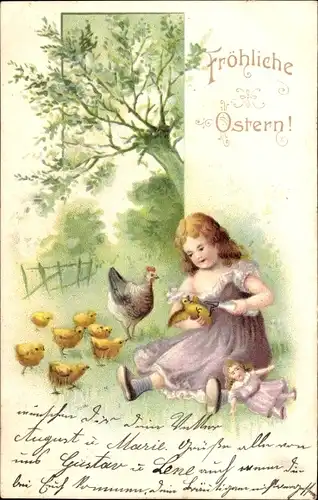 Litho Glückwunsch Ostern, Mädchen, Küken, Henne