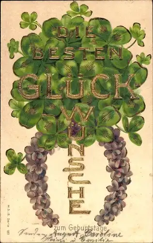 Präge Glitzer Litho Glückwunsch Geburtstag, Veilchen, Glücksklee