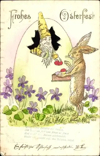 Präge Litho Glückwunsch Ostern, Zwerg im Osterei, Osterhase, Veilchen
