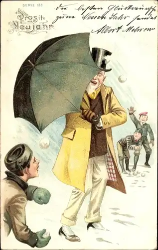 Präge Litho Glückwunsch Neujahr, Schneeball-Schlacht, Nobler Mann angegriffen