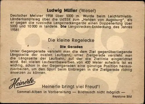 Sammelbild Heinerle, Leichtathletik, Ludwig Müller, Deutscher Meister 1958 über 5000m