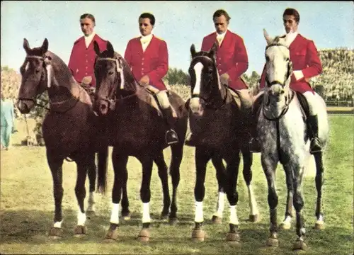 Sammelbild Heinerle, dt. Springreiter-Mannschaft, Tiedemann, Winkler, Lütke-Westhues, Schockemühle