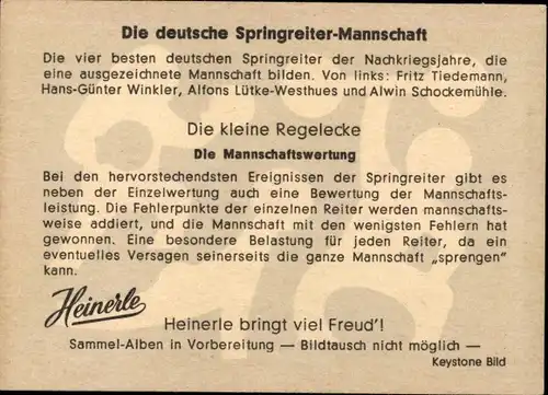 Sammelbild Heinerle, dt. Springreiter-Mannschaft, Tiedemann, Winkler, Lütke-Westhues, Schockemühle