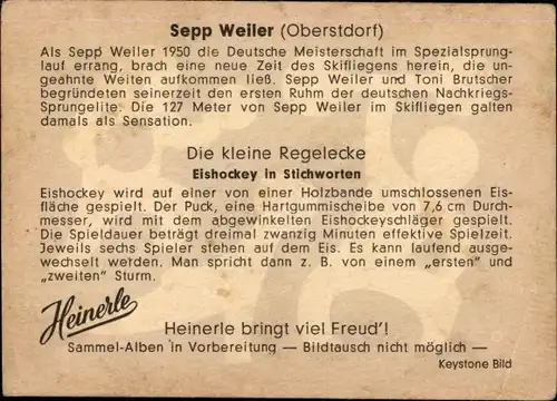 Sammelbild Heinerle, Sepp Weiler, Deutscher Meister im Spezialsprunglauf, 1950