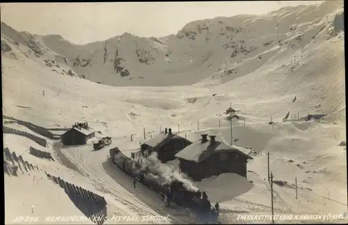 Ak Hardangervidda Norwegen, Bergensbanen, Myrdal Station, Bahnhof, Dampflokomotive