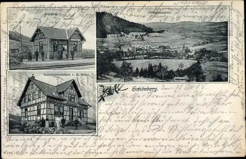 Ak Schönberg Seelbach in Baden Württemberg ?, Bahnhof, Gleisseite, Bahnhofwirtschaft