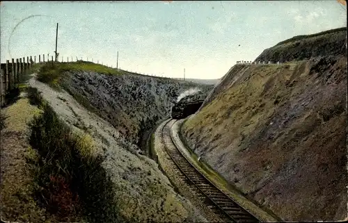 Ak Duszniki Zdrój Bad Reinerz Schlesien, Bahnstrecke Reinerz - Kudowa, Schiefereinschnitt