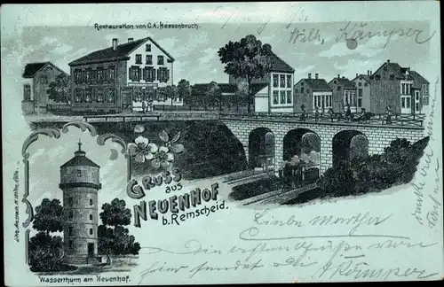 Mondschein Litho Lüttringhausen Remscheid im Bergischen Land, Restaurant Neuenhof, Wasserturm