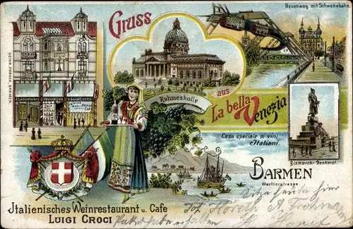 Litho Barmen Wuppertal, La bella Venezia, Italienisches Weinrestaurant, Ruhmeshalle, Schwebebahn