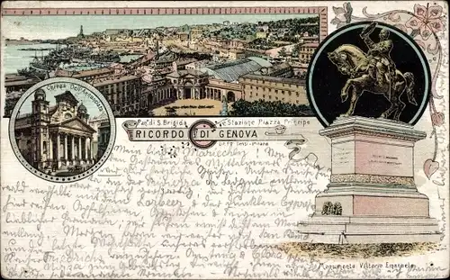 Litho Genova Genua Ligurien, Totalansicht, Denkmal Viktor Emanuel, Kirche