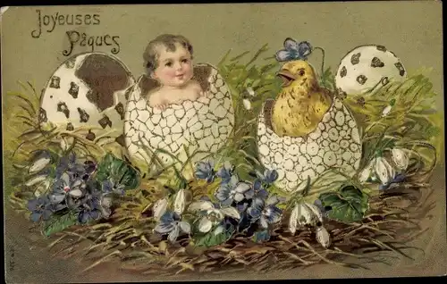 Präge Litho Glückwunsch Ostern, Küken und Baby schlüpfen aus Eiern