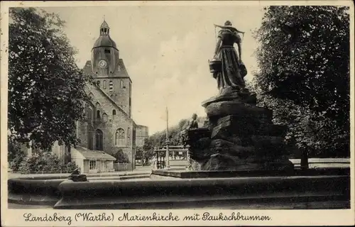 Ak Gorzów Wielkopolski Landsberg an der Warthe Ostbrandenburg, Marienkirche, Paukschbrunnen
