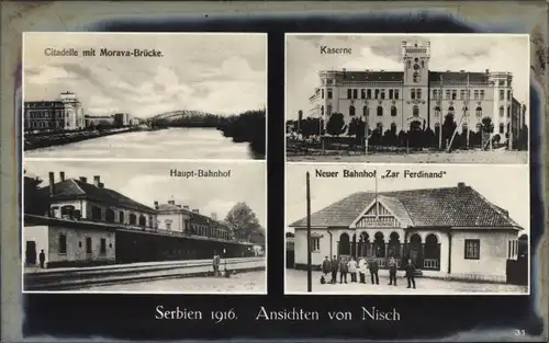 Ak Niš Nisch Serbien, Hauptbahnhof, Neuer Bahnhof, Zar Ferdinand, Kaserne, Misrava-Brücke