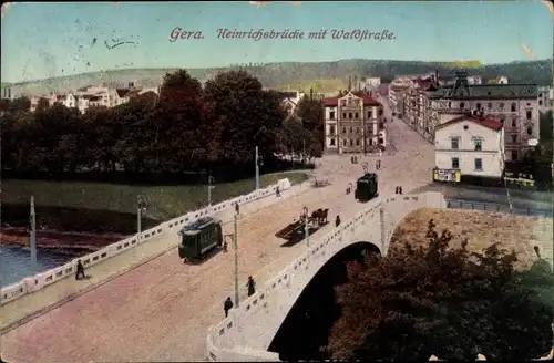 Ak Gera in Thüringen, Heinrichsbrücke, Waldstraße, Straßenbahn