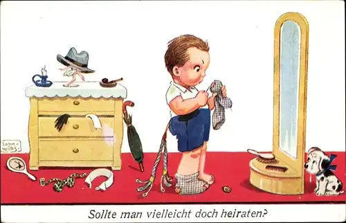 Künstler Ak Wills, John, Junge stopft Strümpfe vor dem Spiegel