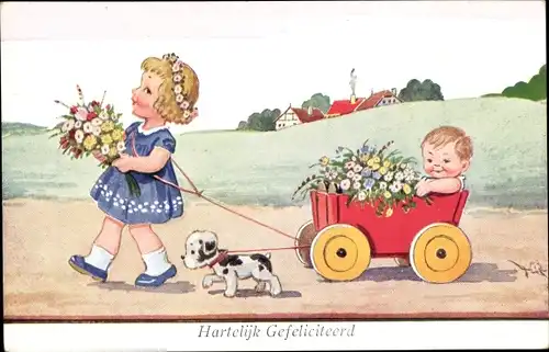 Künstler Ak Wills, John, Herzlichen Glückwunsch, Kinder, Handwagen, Blumenstrauß, Hund