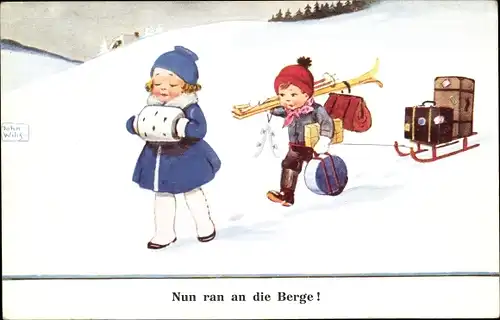 Künstler Ak Wills, John, Kinder in den Bergen, Winter, Ski, Schlitten mit Gepäck