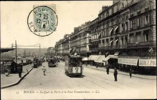 Ak Rouen Seine Maritime, Quai de Paris, Pont Transbordeur, Straßenbahn