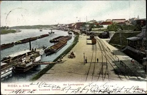 Ak Riesa an der Elbe Sachsen, Landungsplatz, Waggons, Schiffe