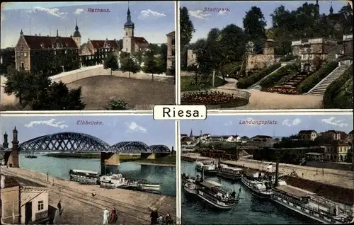 Ak Riesa an der Elbe Sachsen, Rathaus, Elbbrücke, Stadtpark, Landungsplatz