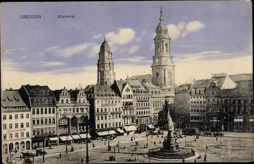 Ak Dresden Altstadt, Altmarkt, Kirchtürme, Denkmal