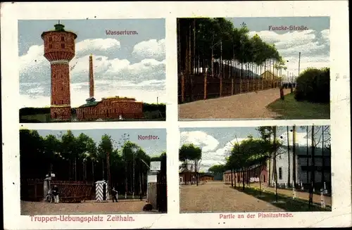 Ak Zeithain in Sachsen, Truppenübungsplatz, Wasserturm, Funcke Straße, Nordtor, Planitzstraße