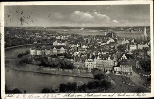 Ak Kiel, Blick vom Rathausturm auf Stadt und Hafen