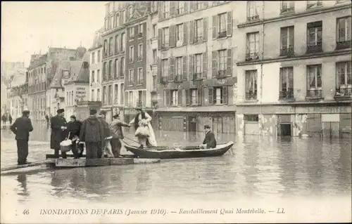 Postkarte Paris V, Quai de Montebello, Große Seineflut Januar 1910